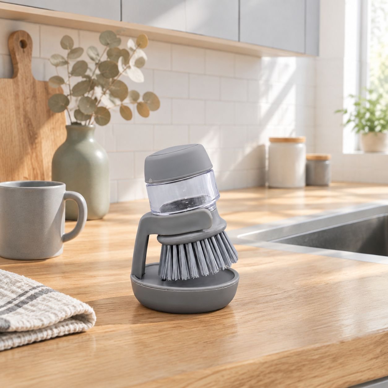 Automatic Soap Dispensing Dish Brush in kitchen setting