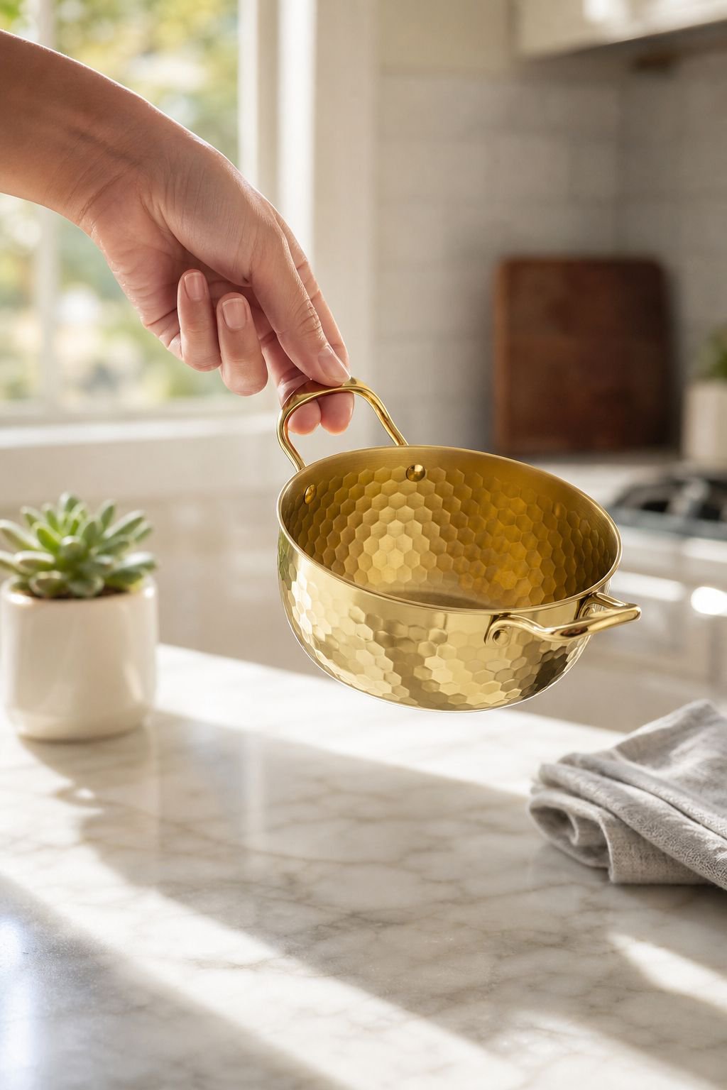 Non-stick gold frying pan in hammered finish