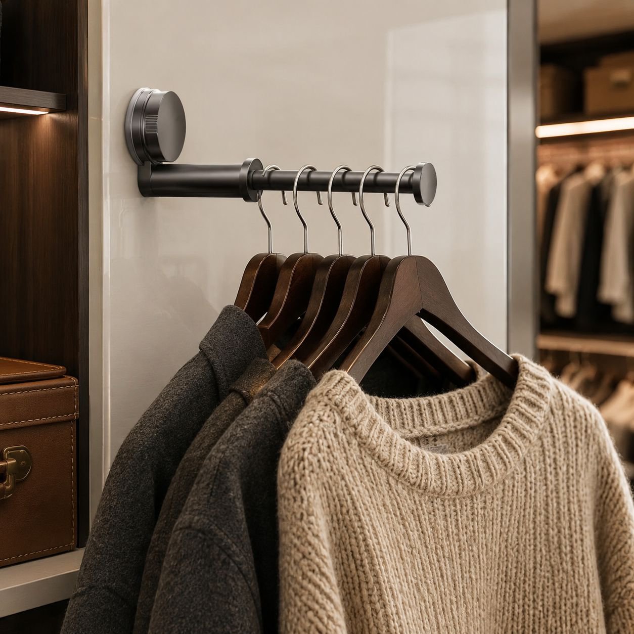 Space-saving family clothes rack holding multiple garments