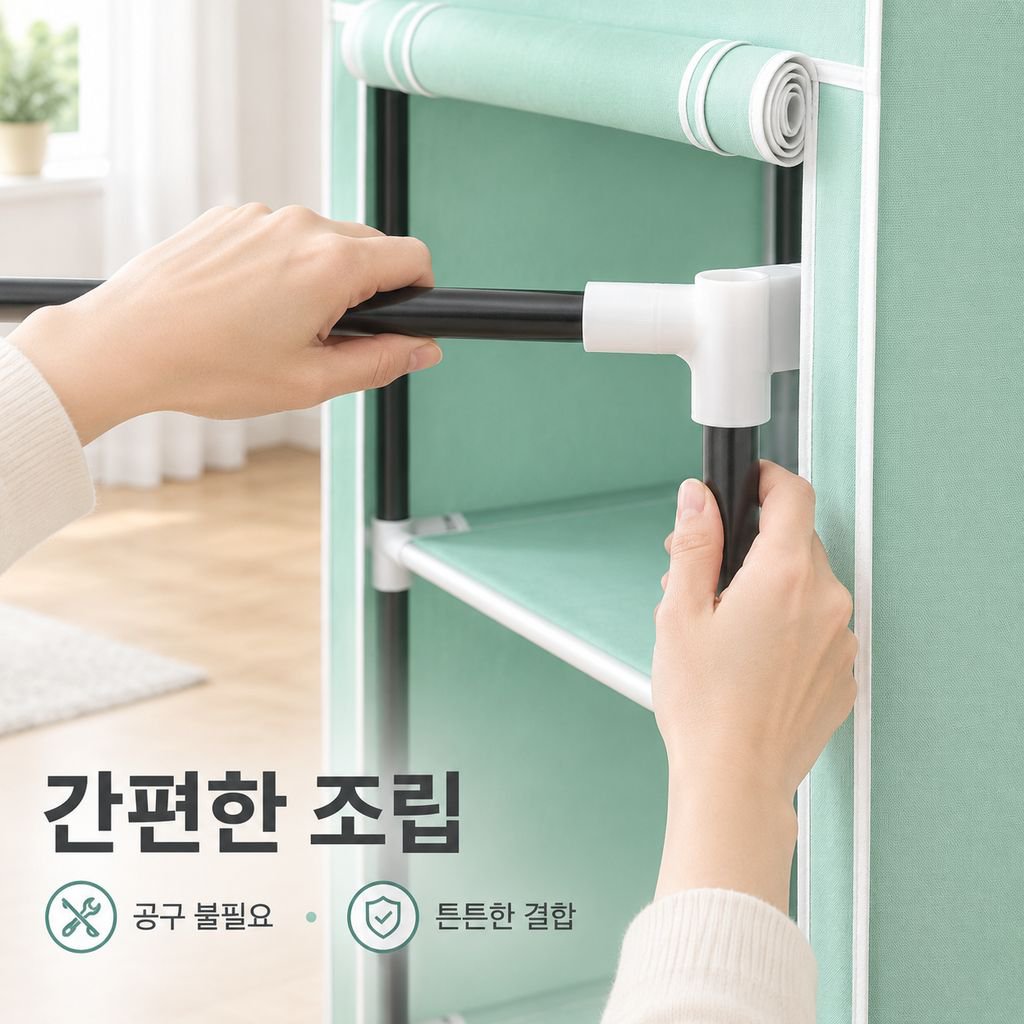 두껍고 보강된 강철 파이프를 사용한 1인용 패브릭 옷장.