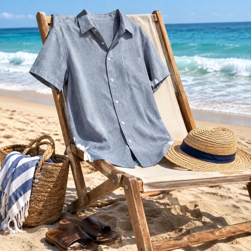 Herren Leinen Kurzarmhemd Knitterfrei Freizeit Strand Sommer Elastisch