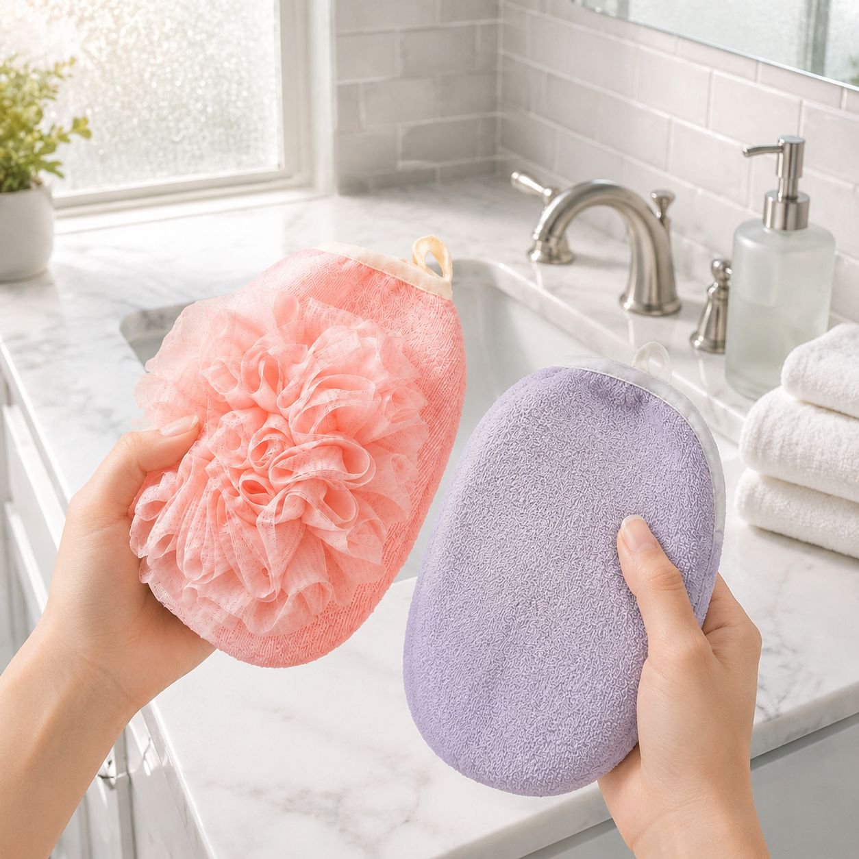 JMY 2-in-1 bath towel and foaming sponge product display