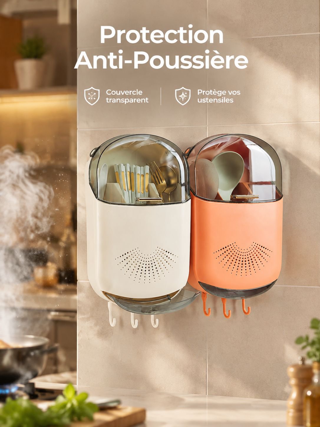 Porte-baguettes mural avec égouttoir et rangement à couverts dans une cuisine