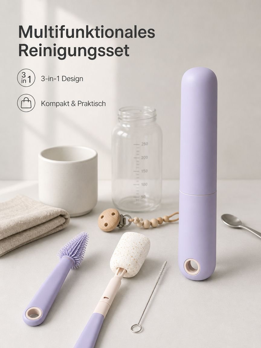 Baby-Flaschenbürsten-Set aus Zellstoff-Baumwolle und Silikon, tragbares Reinigungsset für unterwegs