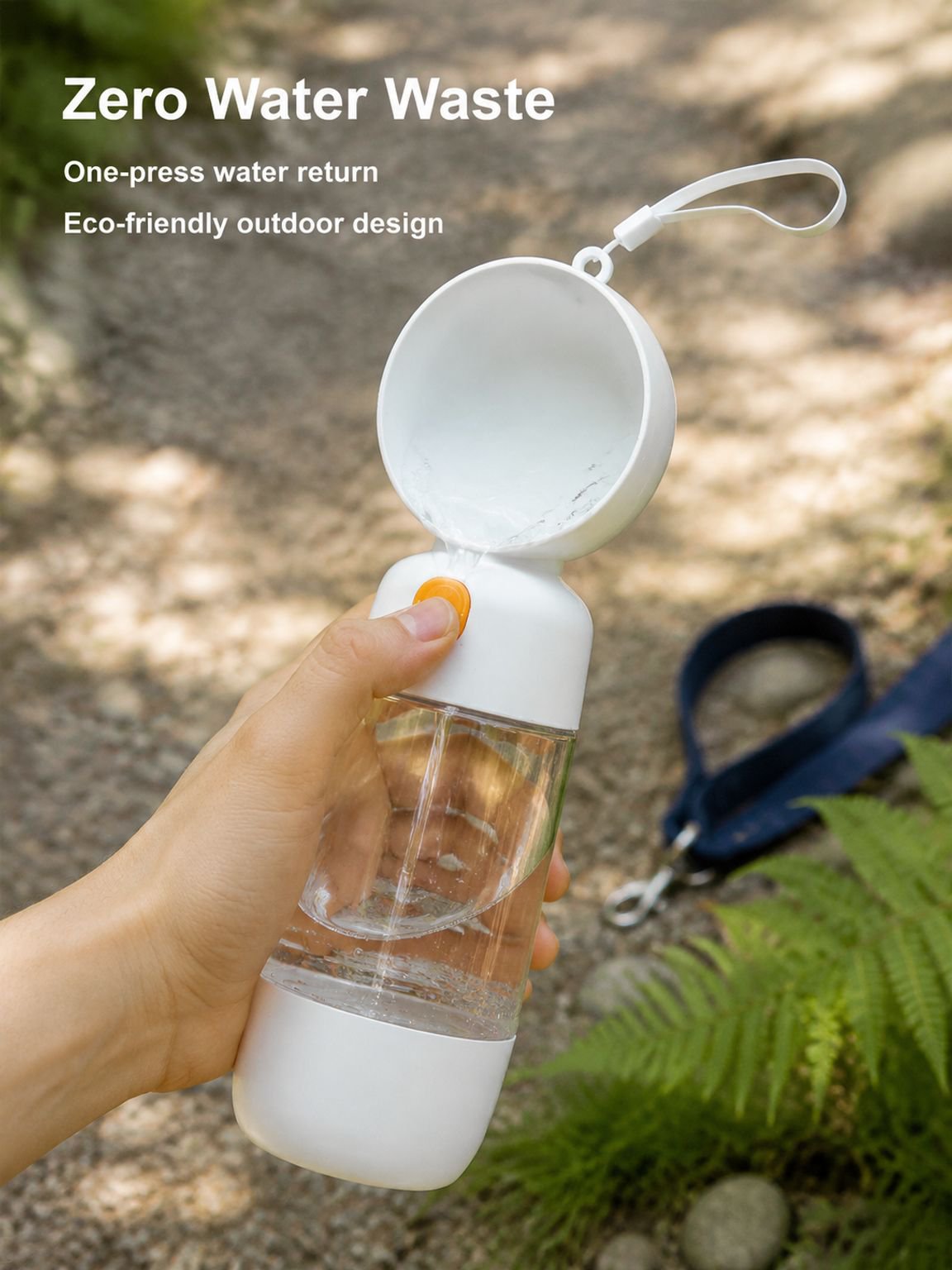 Dog drinking from a portable water dispenser outdoors