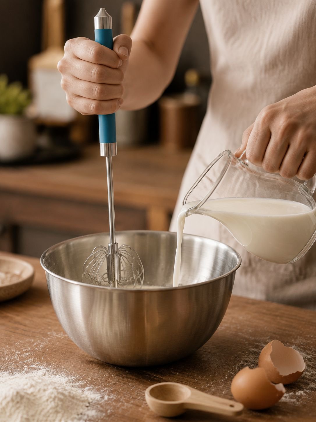 Close-up of durable stainless steel hand whisk