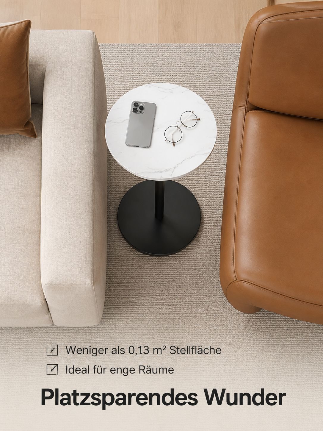 Moderner runder Nachttisch neben dem Bett