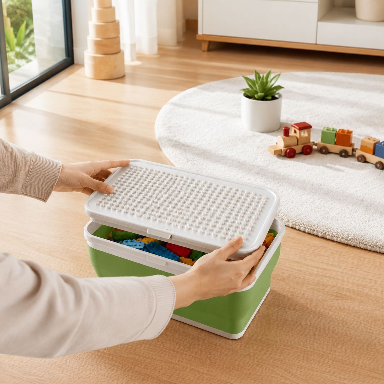 Vibrant block organizer keeps play area tidy