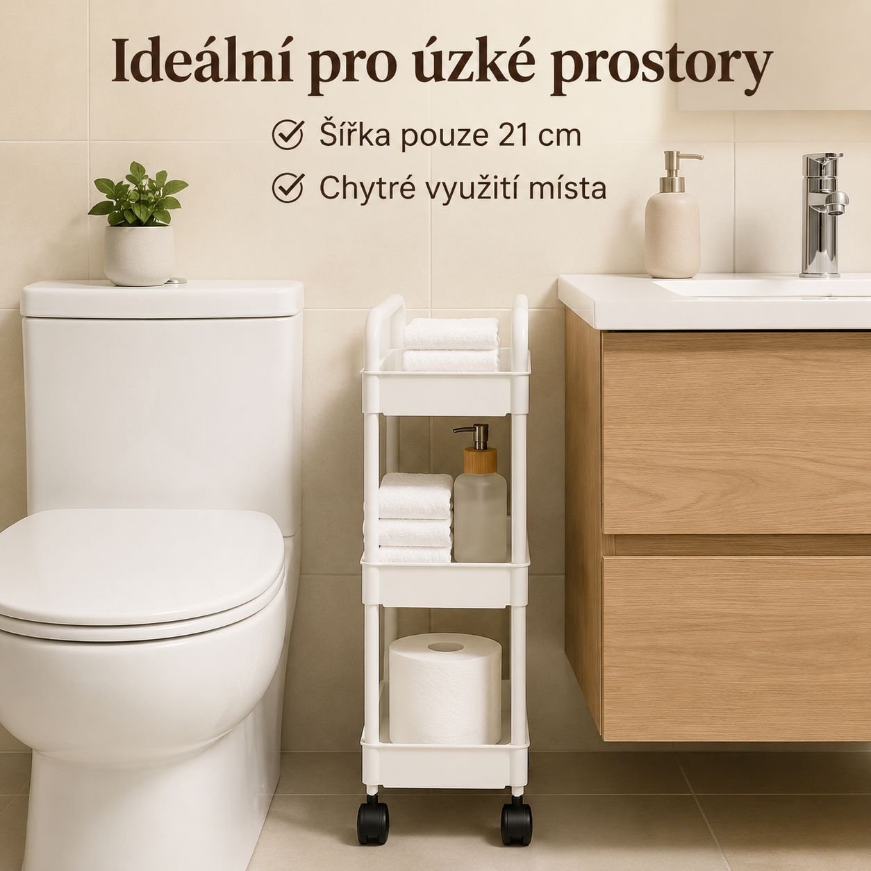 Přemístitelný vícevrstvý regál na úzké prostory v domácnosti