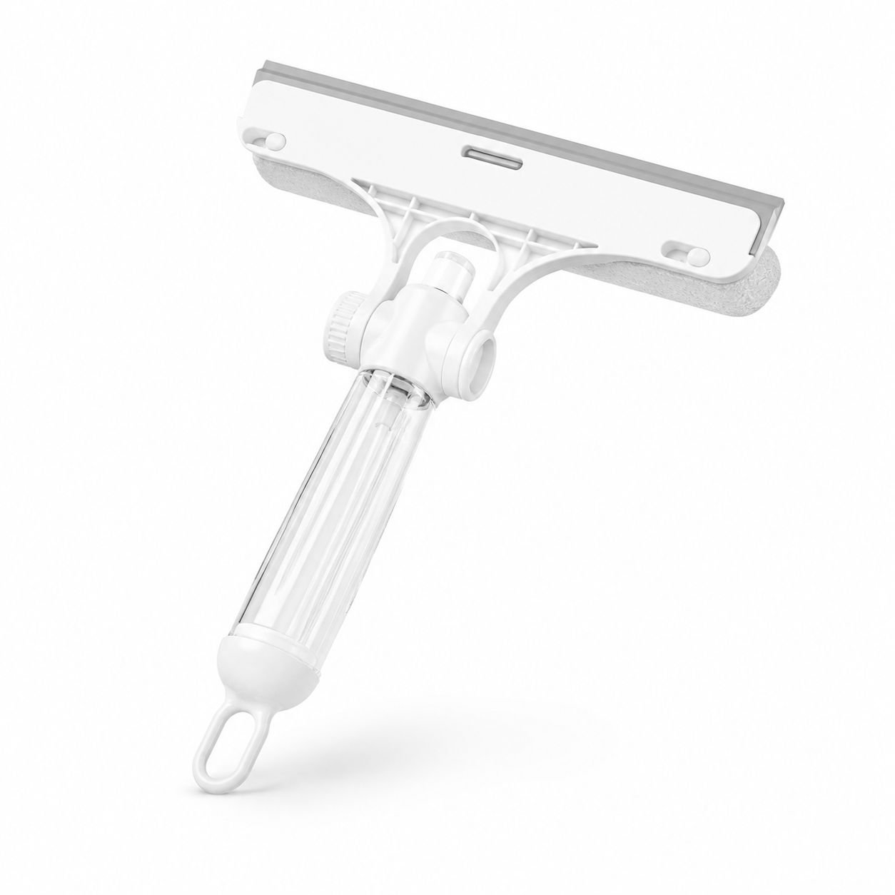 Mopa ergonómica con raspador y botella de spray, diseño de almacenamiento conveniente