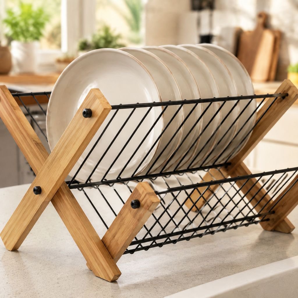 Multifunctional bamboo dish rack displayed on kitchen countertop