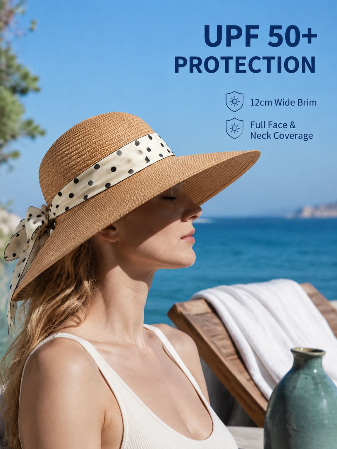 Summer wide-brimmed beach hat for women, sun protection, elegant women's vacation sun hat, polka dot