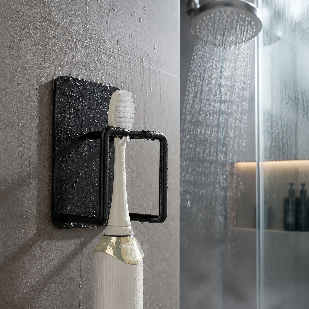 Détail du système de fixation sans perçage du porte-brosse à dents