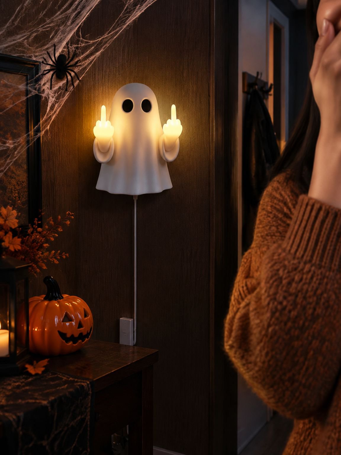 Halloween ghost middle finger wall night light glowing in the dark