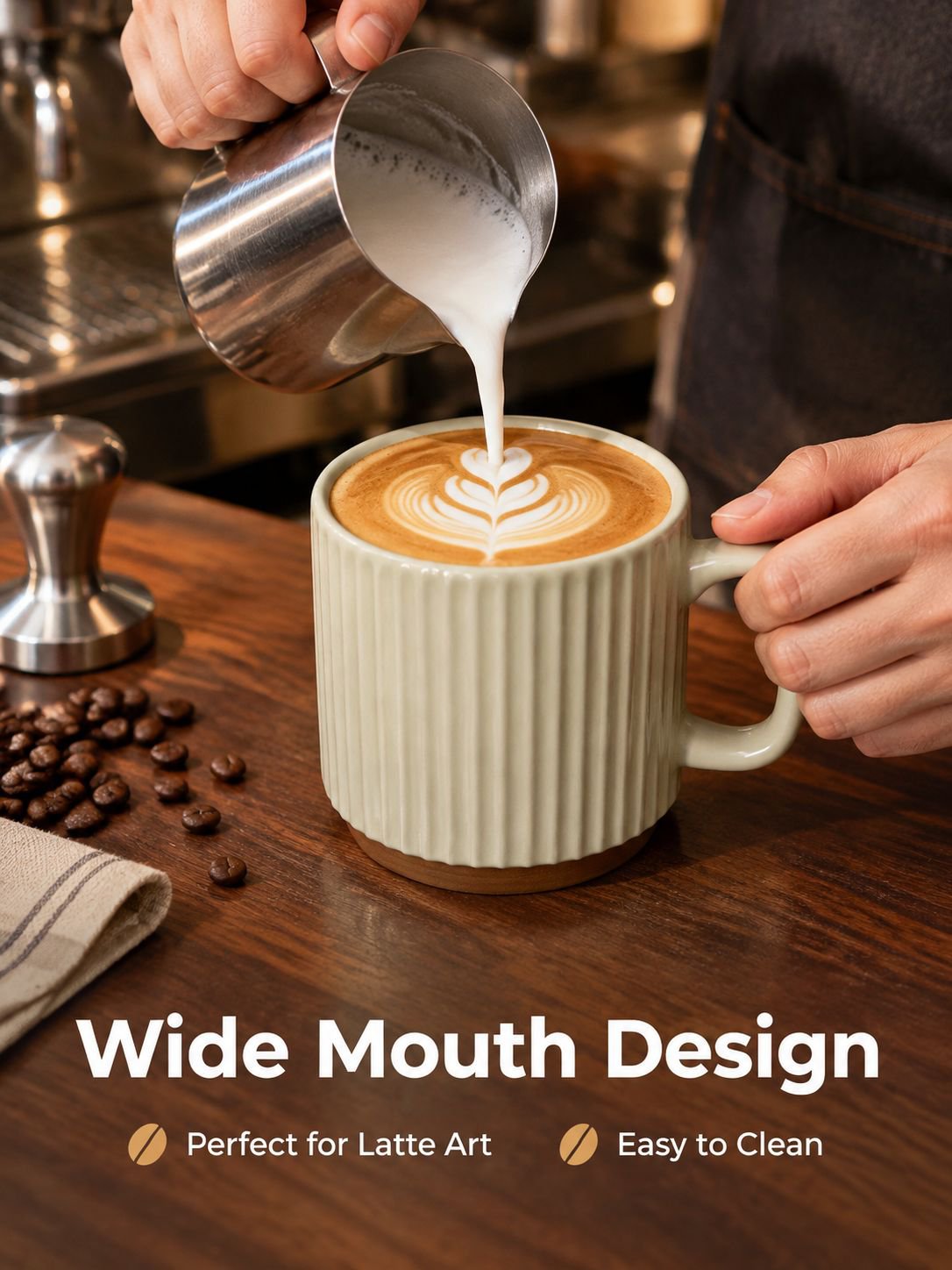 Unique vertical stripe detail on a stackable ceramic coffee cup
