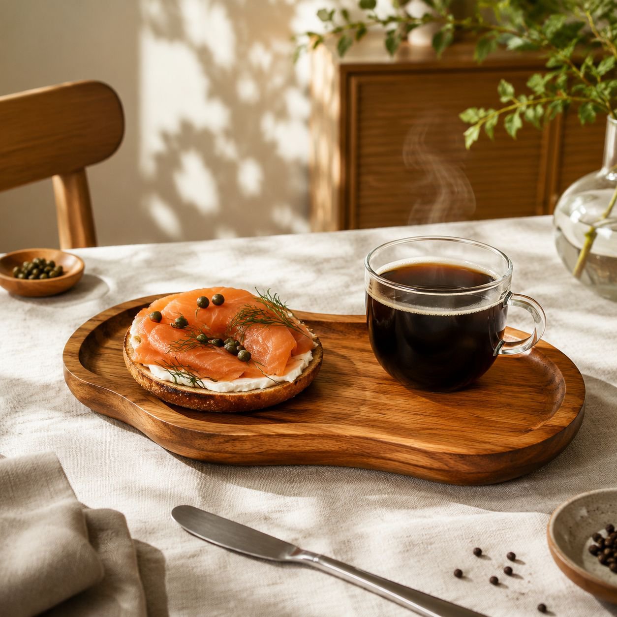 Solid Wood Peanut-shaped Snack Plate on table