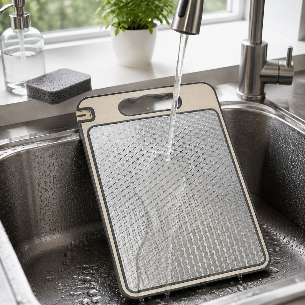 Double-sided cutting board for meat and vegetables with knife sharpener