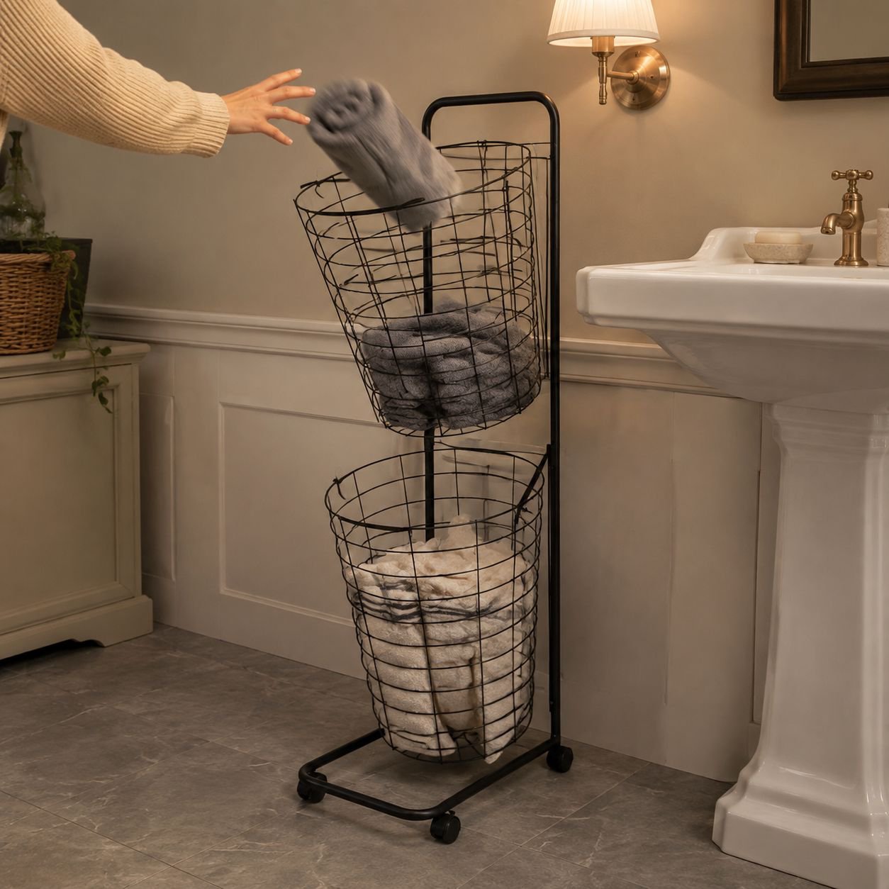 Household laundry basket Multi-layer balcony storage basket with wheels can be moved to put dirty cl