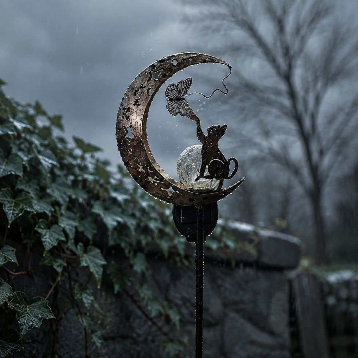 Solarlampe aus Eisen in Katzen-Mond-Design