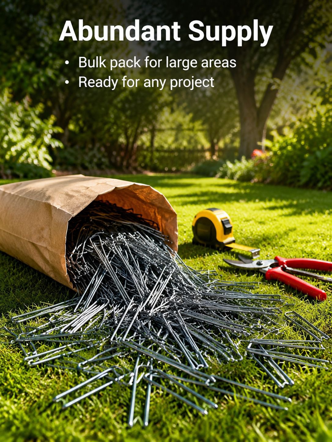U-shaped stakes inserted into the soil holding a weed barrier in place