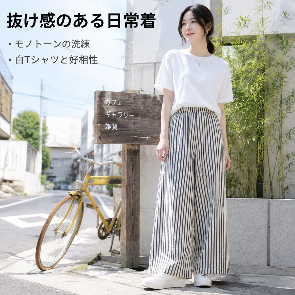 レディース ハイウエスト黒白ストライプストレートワイドパンツ