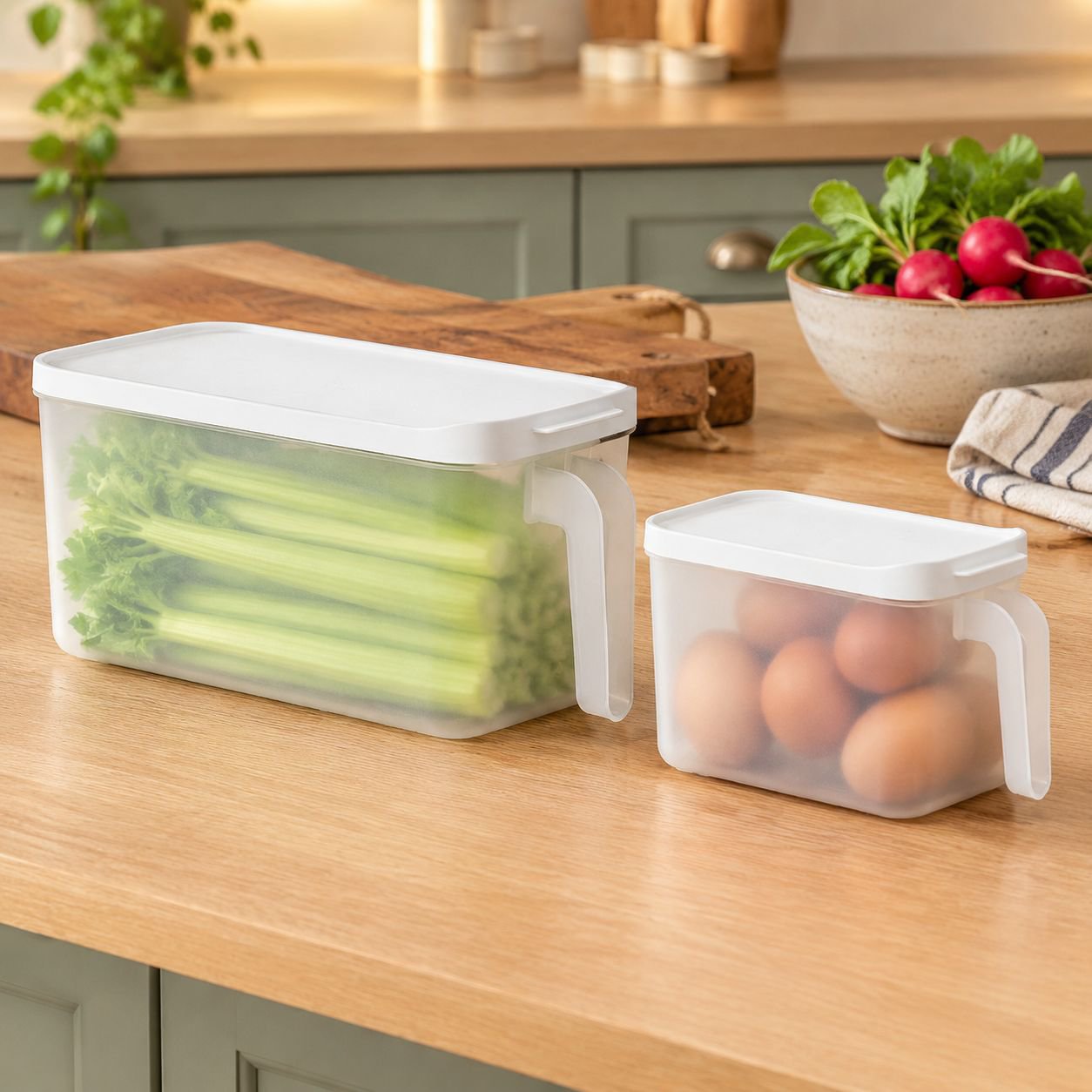 Stackable fridge organizer box for eggs and vegetables