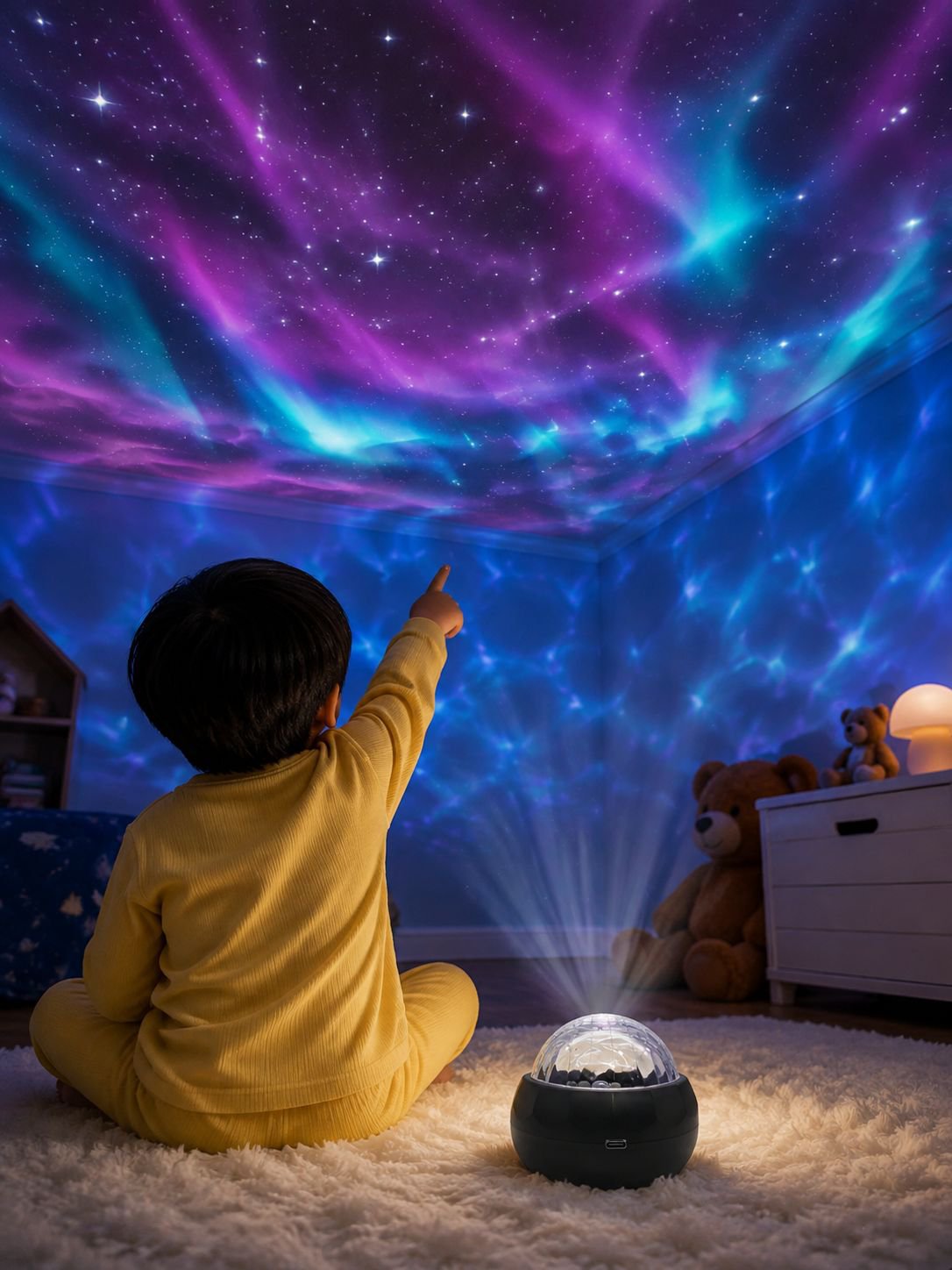 Luz nocturna con proyección de cielo estrellado y agua