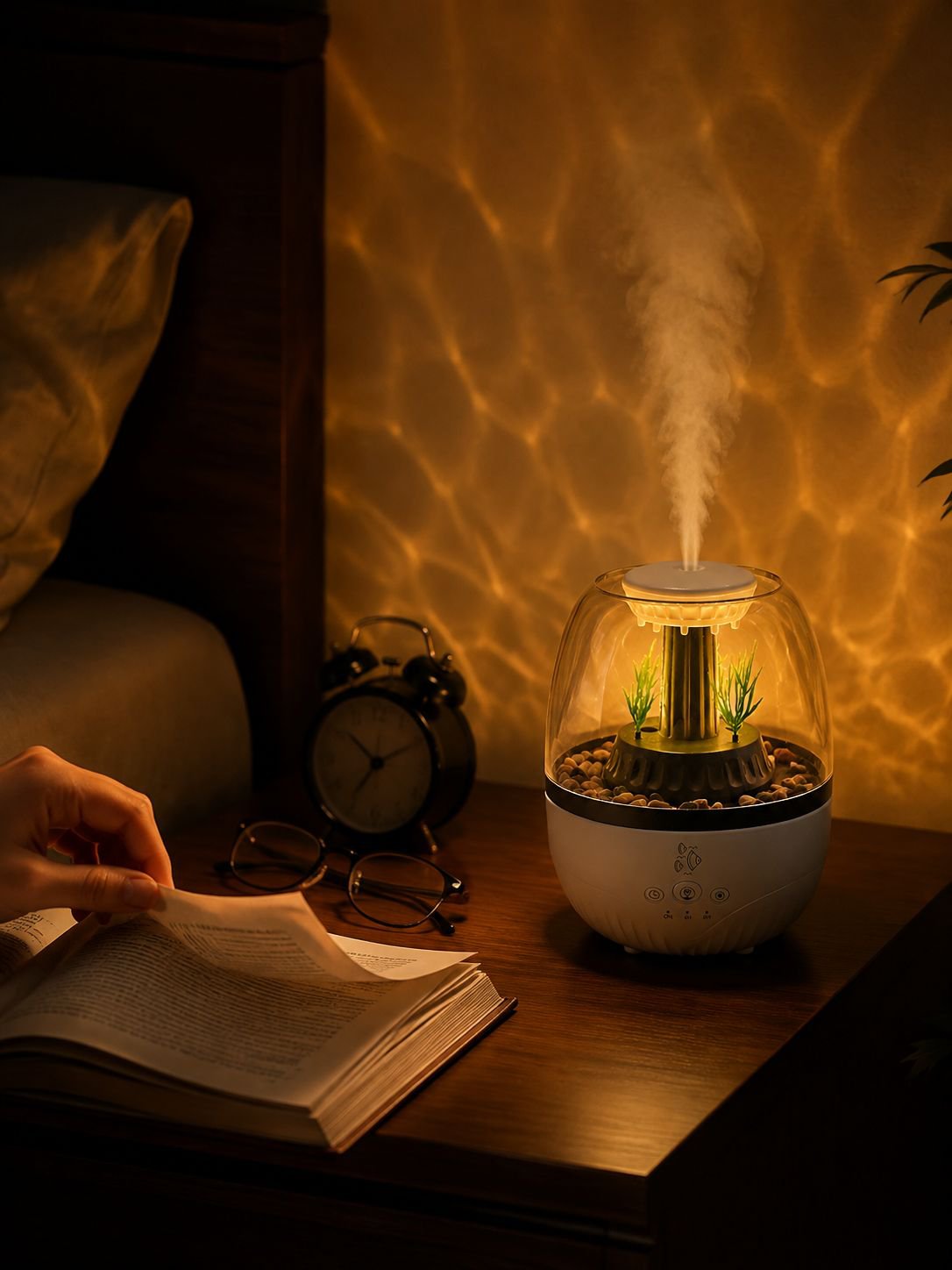 Aroma diffuser releasing mist with colorful lights in the background
