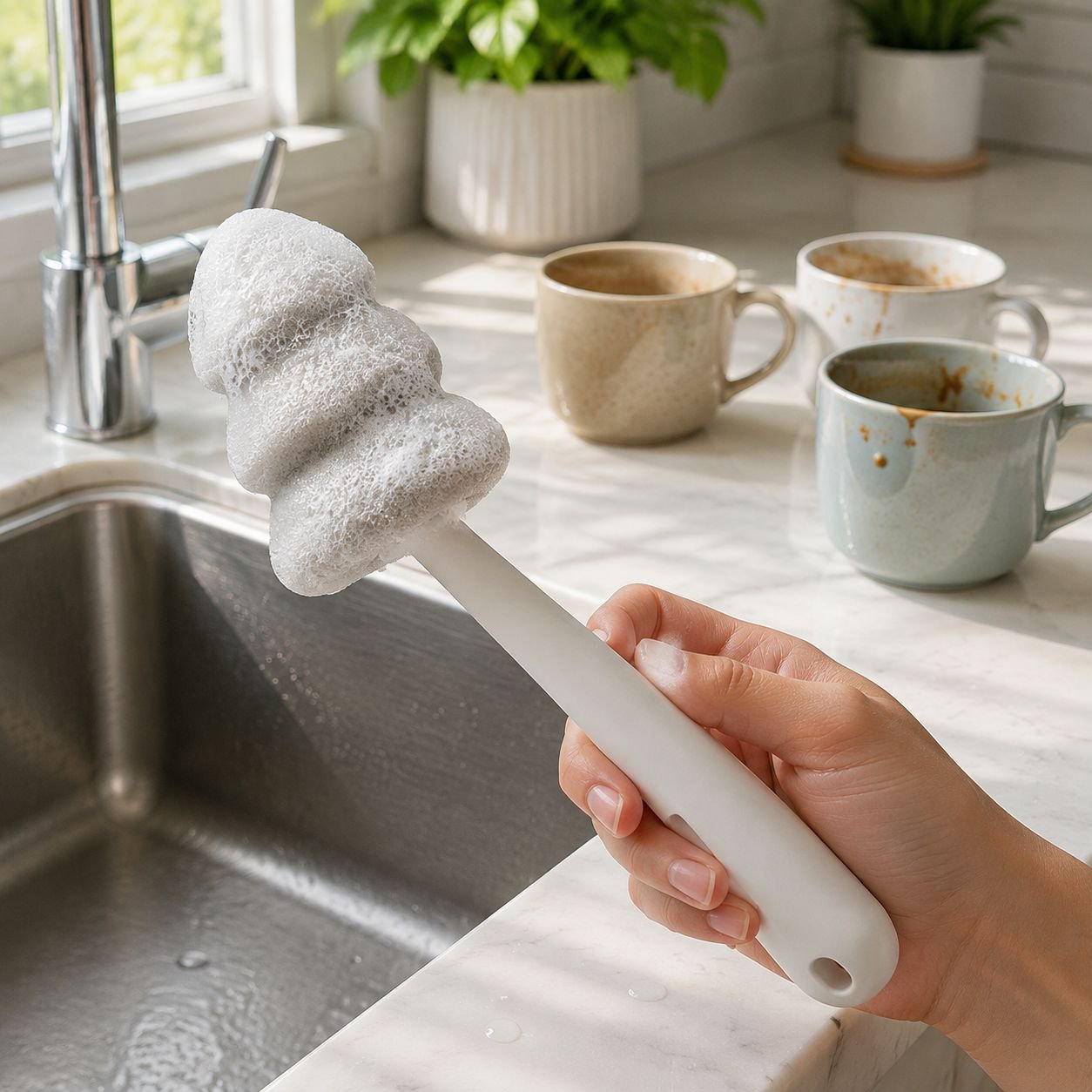 Antibacterial cup brush with long handle for deep cleaning