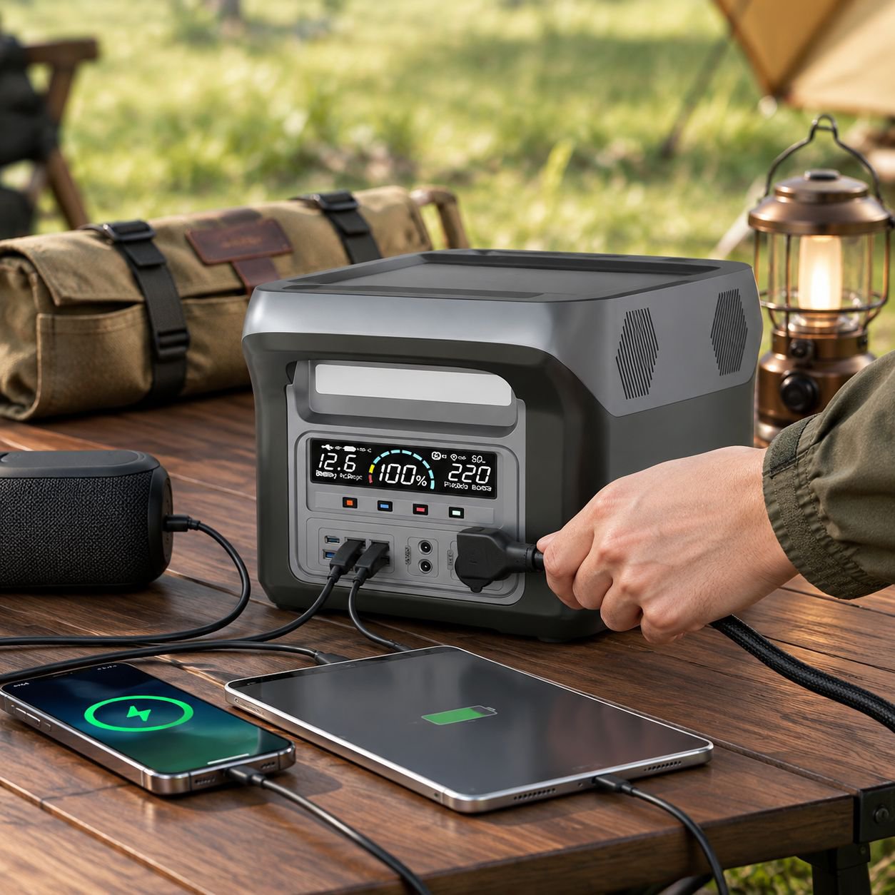 屋外用ポータブル電源バンク。220Vの高出力緊急エネルギー貯蔵装置で、ドライブ旅行、キャンプ、ドローン、露店販売などに最適です。