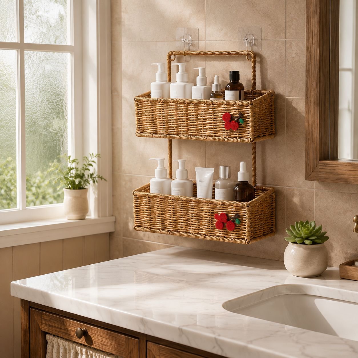 Multi-functional plastic bathroom storage basket on shelf