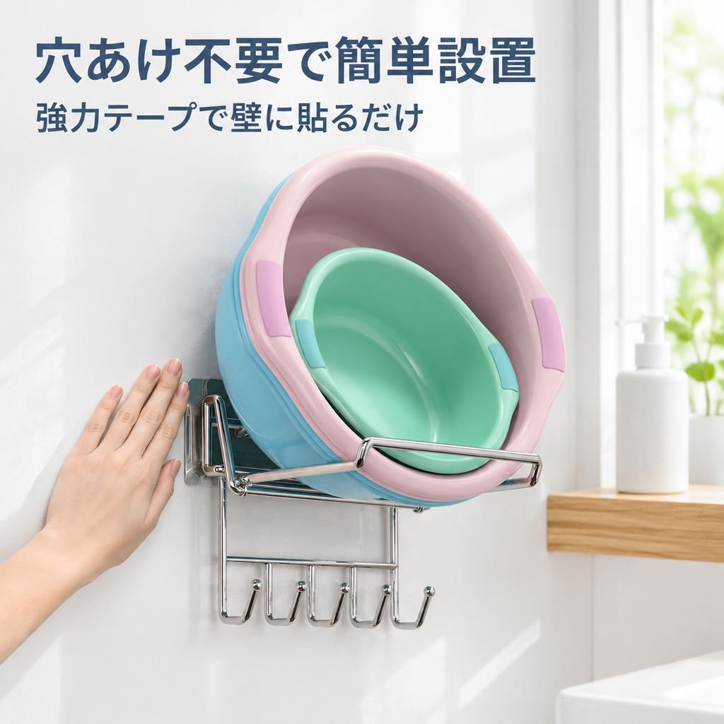 ステンレス製折りたたみ洗面器ラック 穴あけ不要 壁掛け式浴室収納ラック
