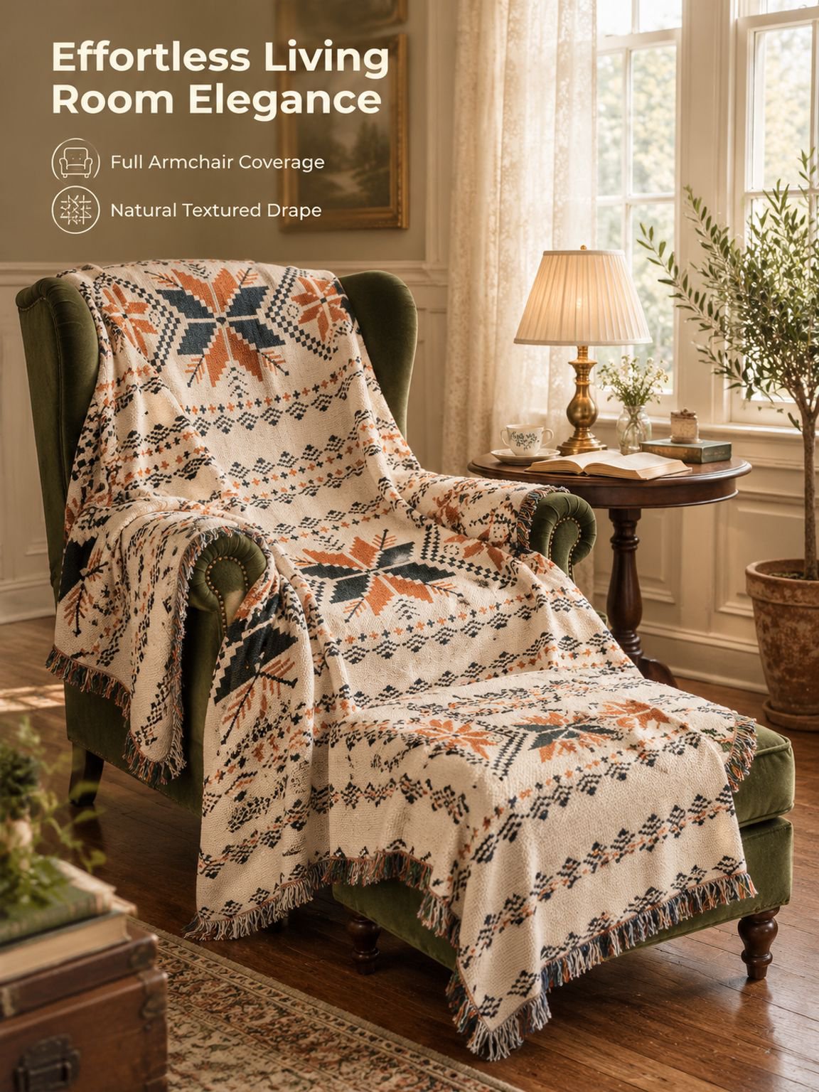 Vintage American country sofa throw blanket styled on a living room couch