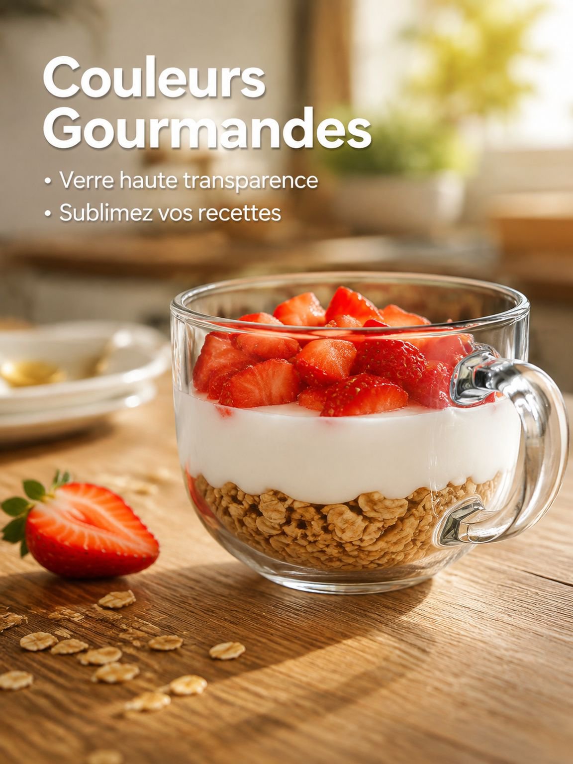 Vue de face du verre pour petit-déjeuner avec couvercle hermétique et cuillère élégante