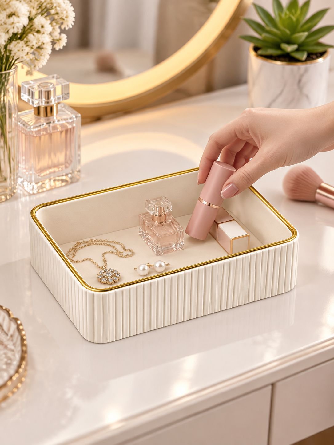 Luxuriöse cremeweiße Aufbewahrungsbox für Schmuck und Kosmetik