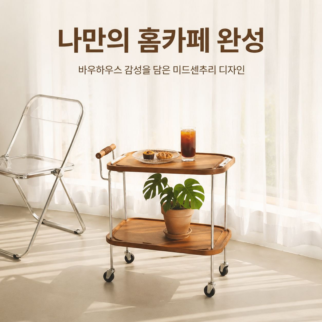 레트로 원목 이동식 트롤리 침대 옆 수납 선반 소파 사이드 테이블