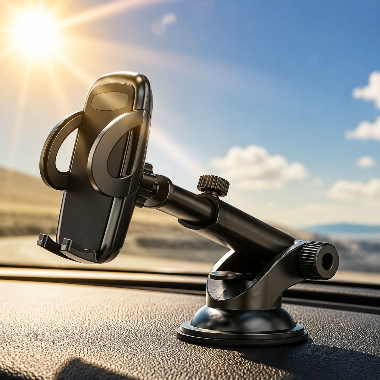 車載用スマホホルダー、伸縮式ナビゲーションホルダー、汎用カーアクセサリー、吸盤式、滑り止め付き。