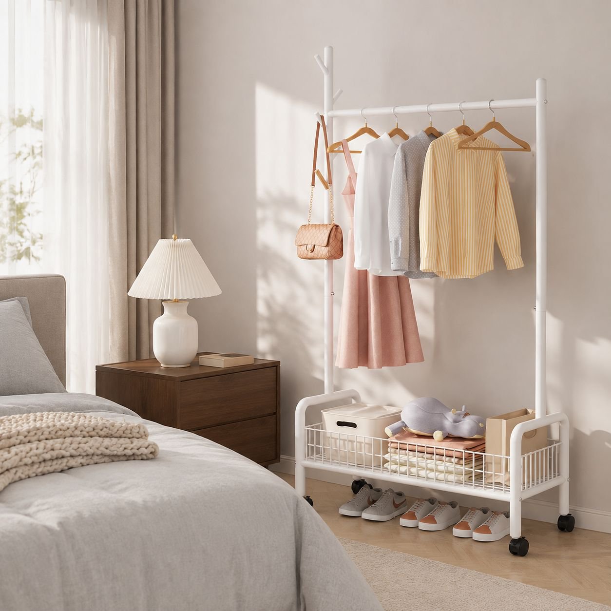 Portable and foldable bedroom storage rack