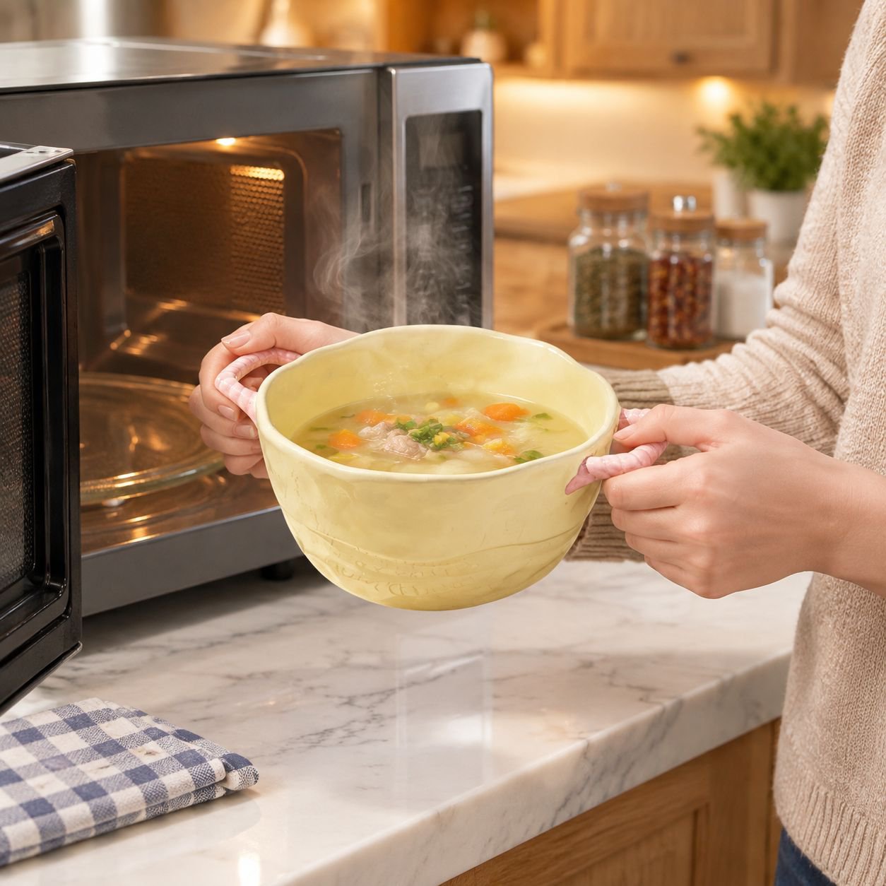 Cuenco de sopa grande con asa, cuenco de fideos instantáneos con diseño estriado