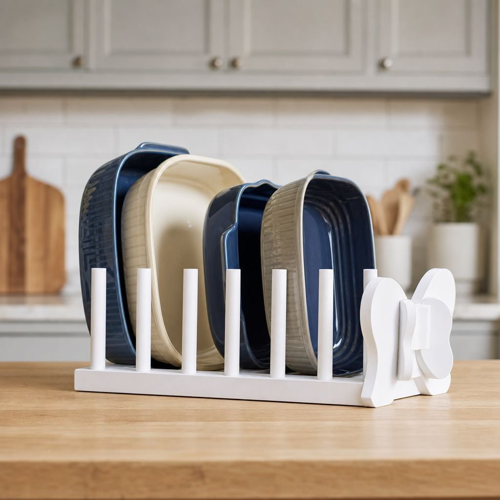 Natural wood plate holder on kitchen countertop