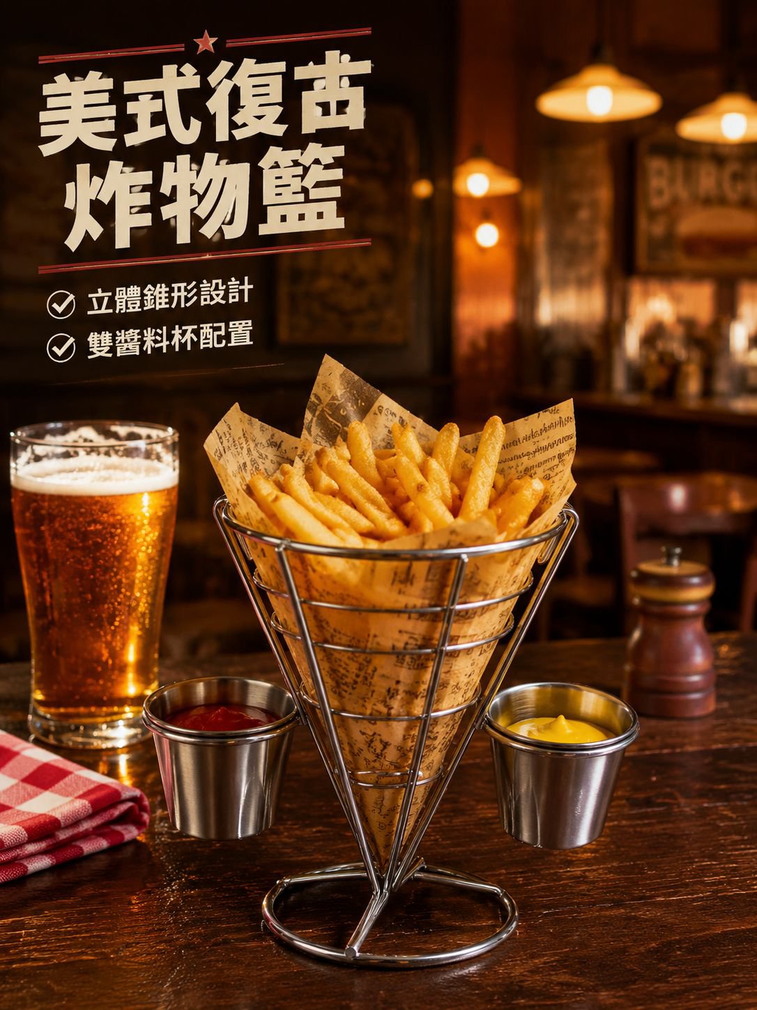美式鐵製迷你圓錐薯條籃