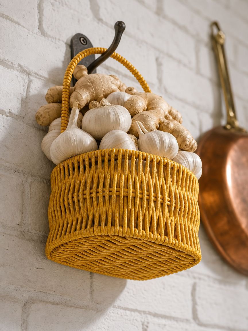 Space-saving kitchen organizer for onions, garlic, and ginger