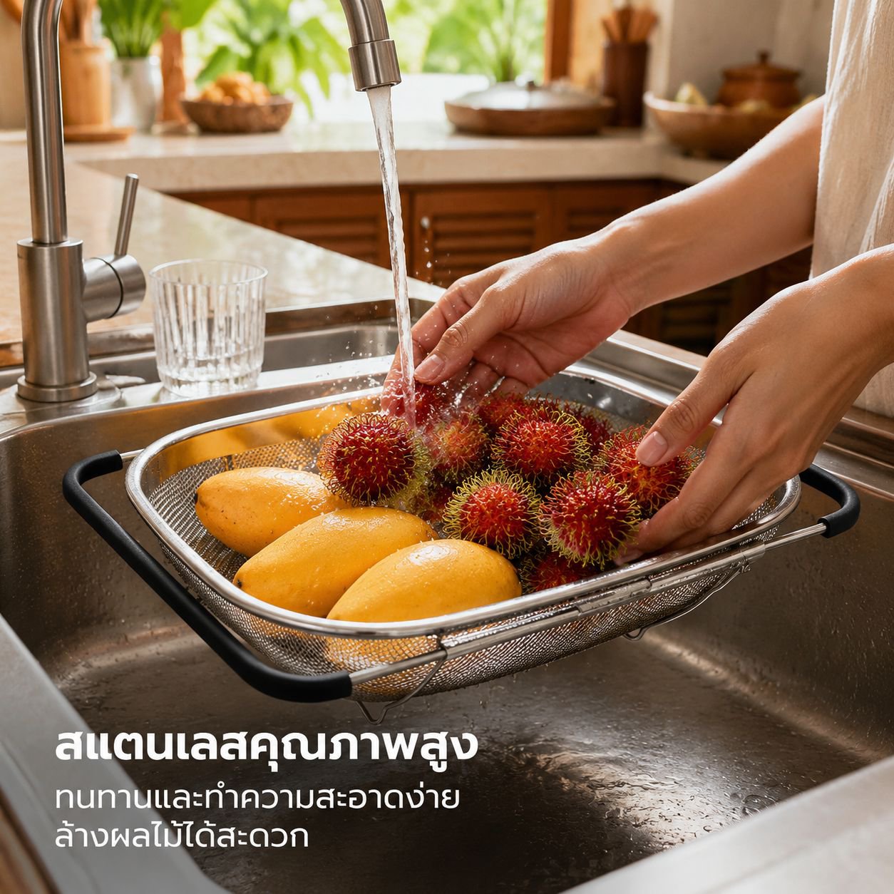 ตะกร้ากรองผักแบบยืดได้ ทำจากสแตนเลส สำหรับอ่างล้างจานในครัว