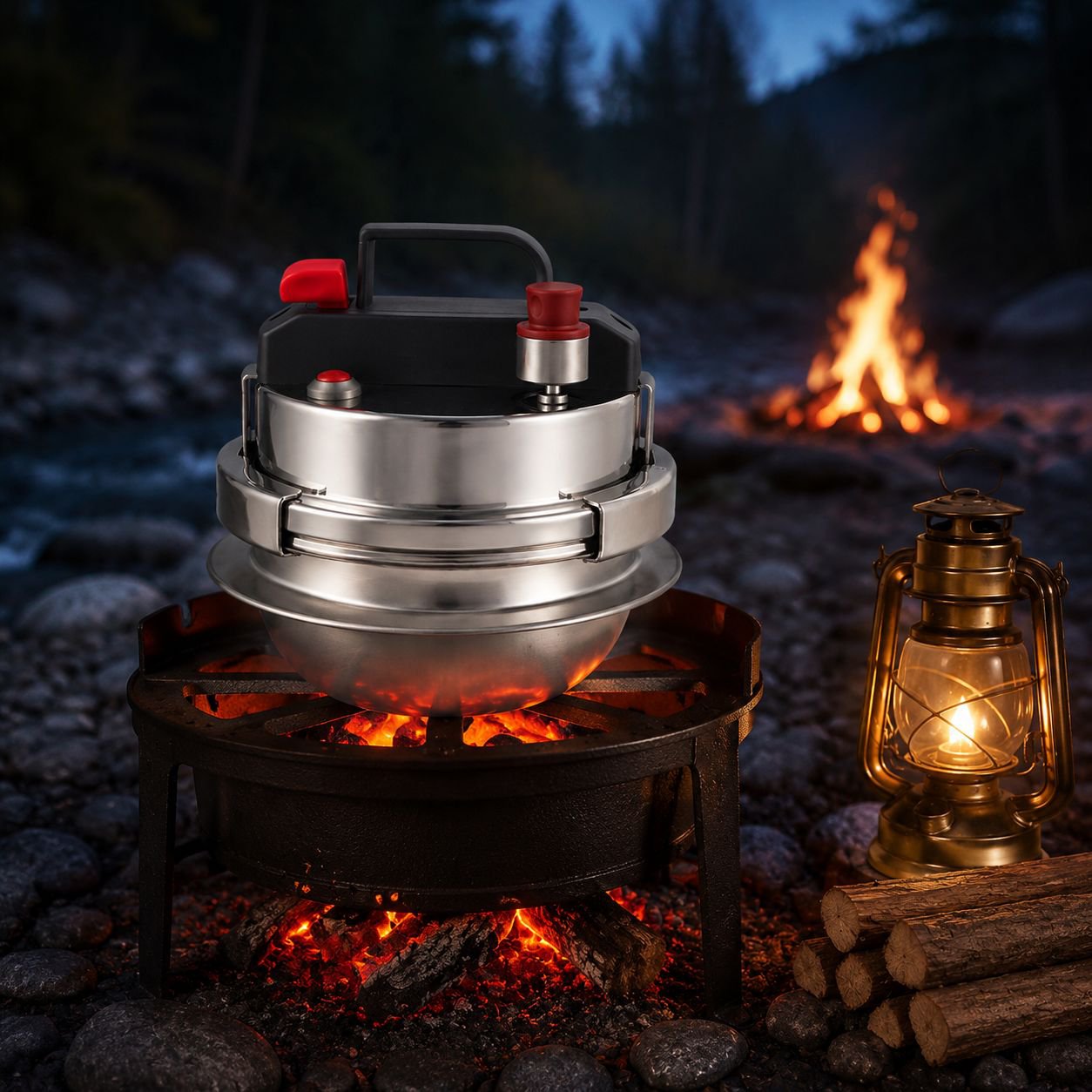 Cuiseur sous pression 12L en utilisation lors d’un camping