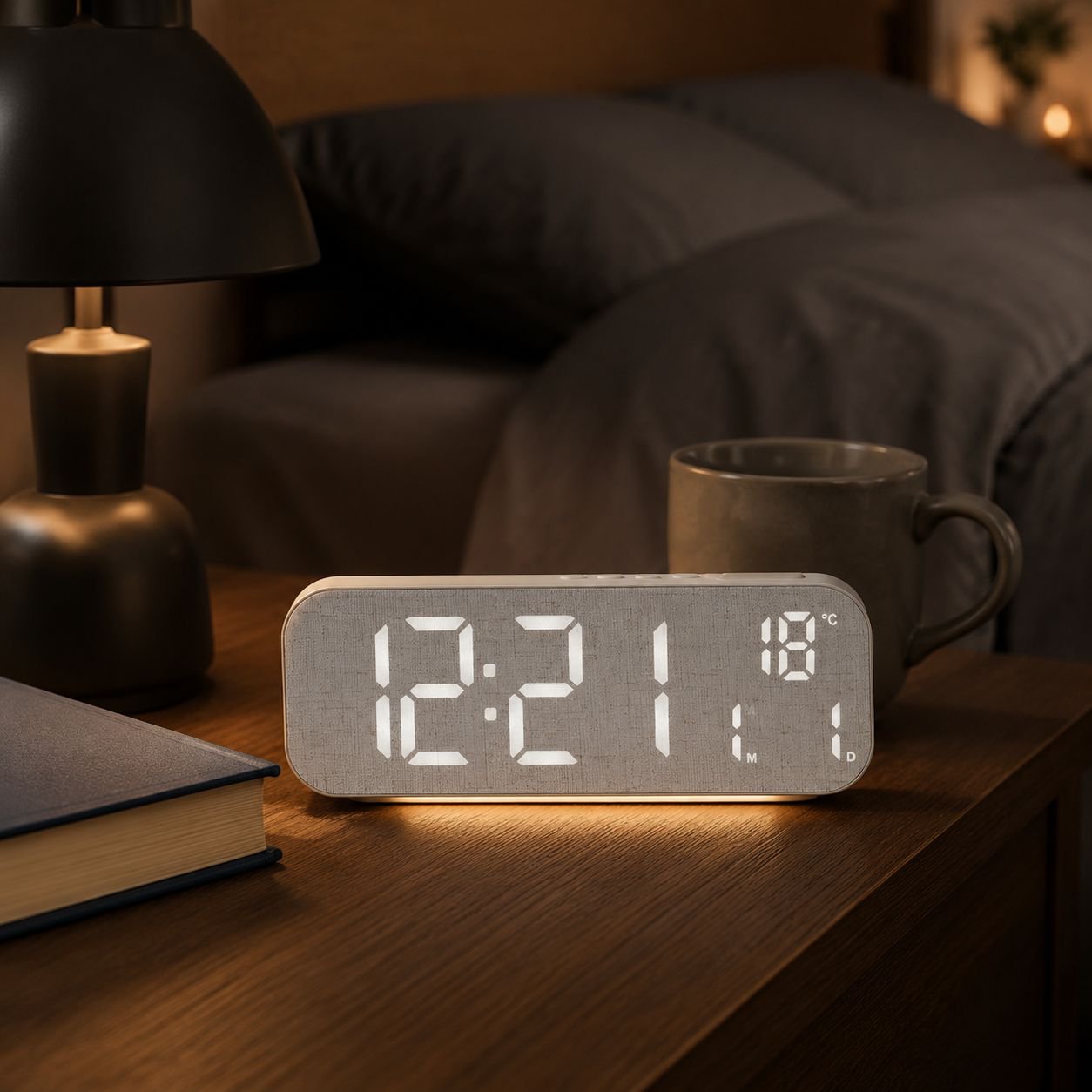 Woodgrain Fabric Nordic Table Clock with Large LED Screen, Date and Weekday Function