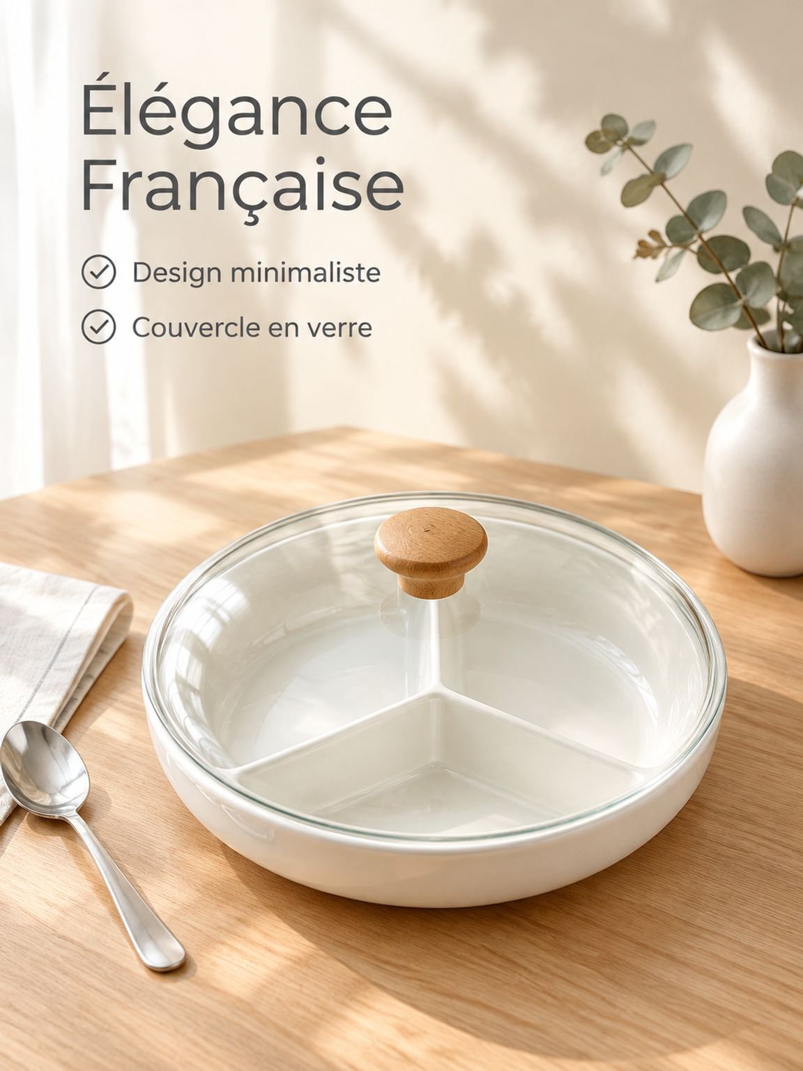 Plat à vapeur en céramique à trois sections, design épuré pour la maison