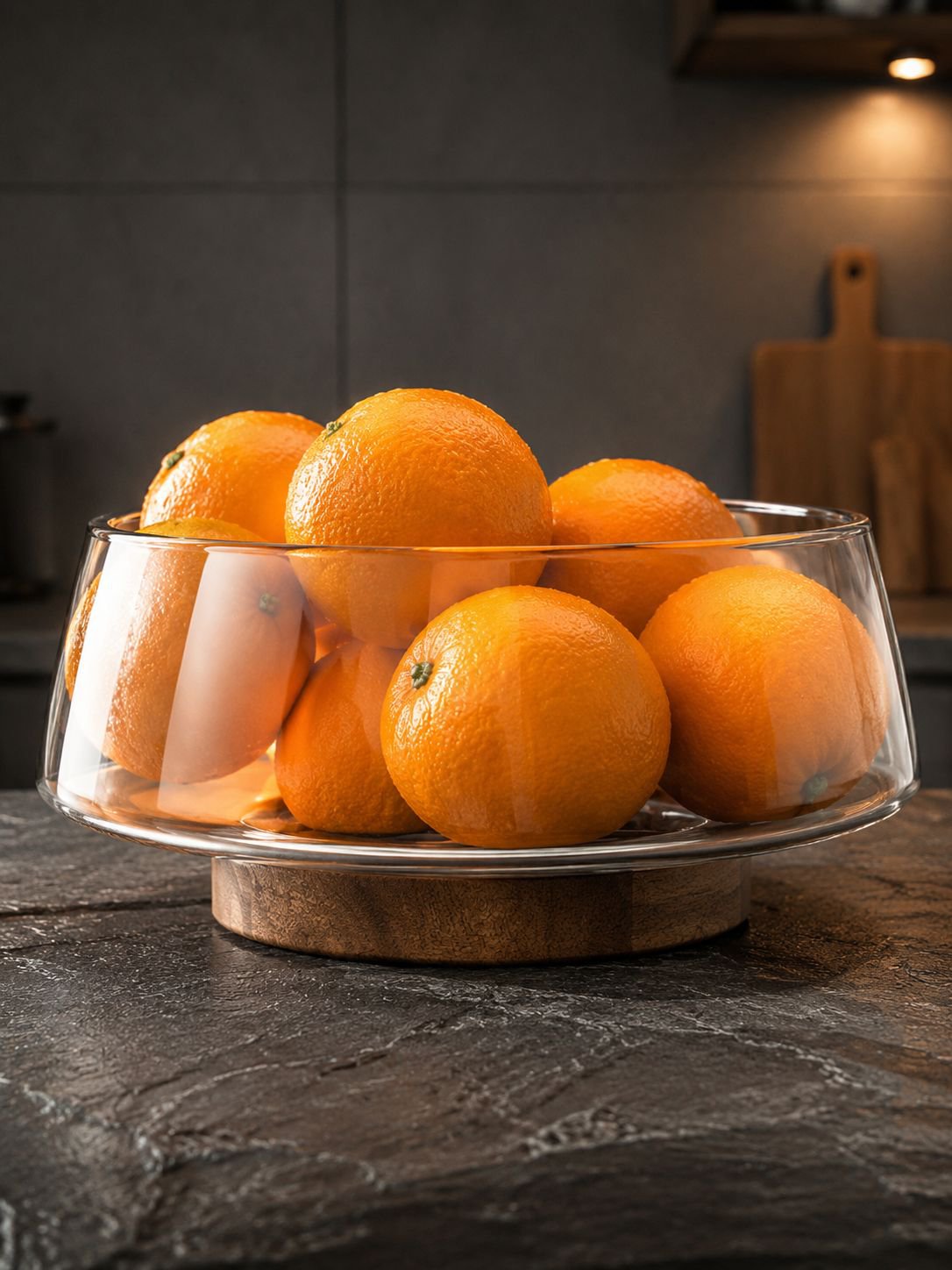 Presentación de frutas en caja transparente a rayas