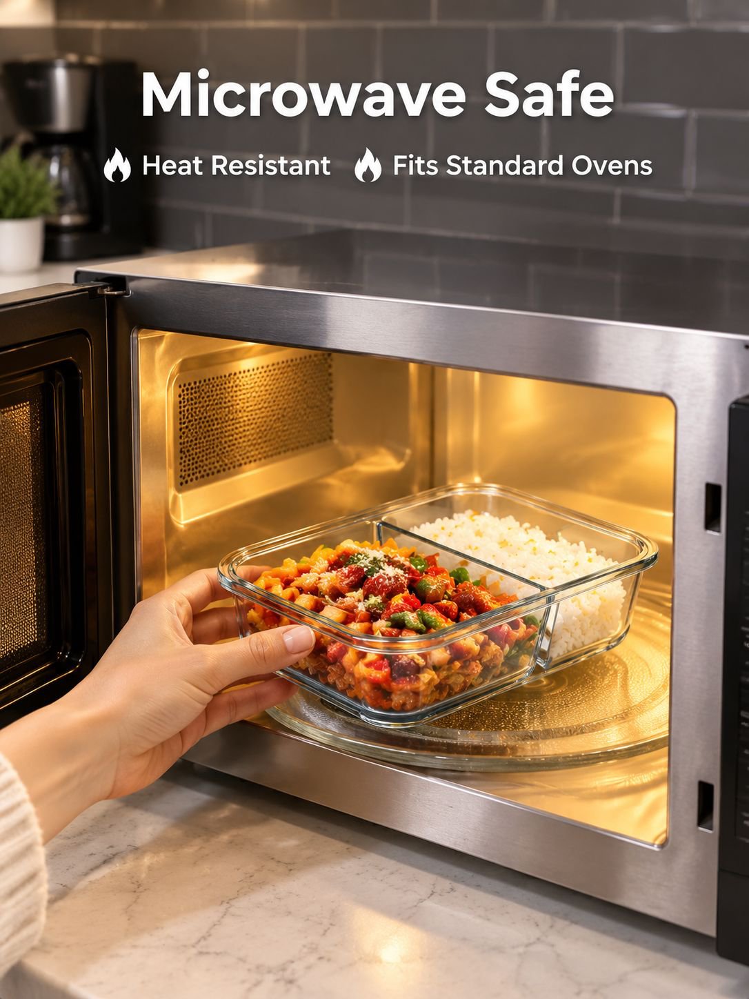 Reusable divided glass lunch box with secure lid for meal prep
