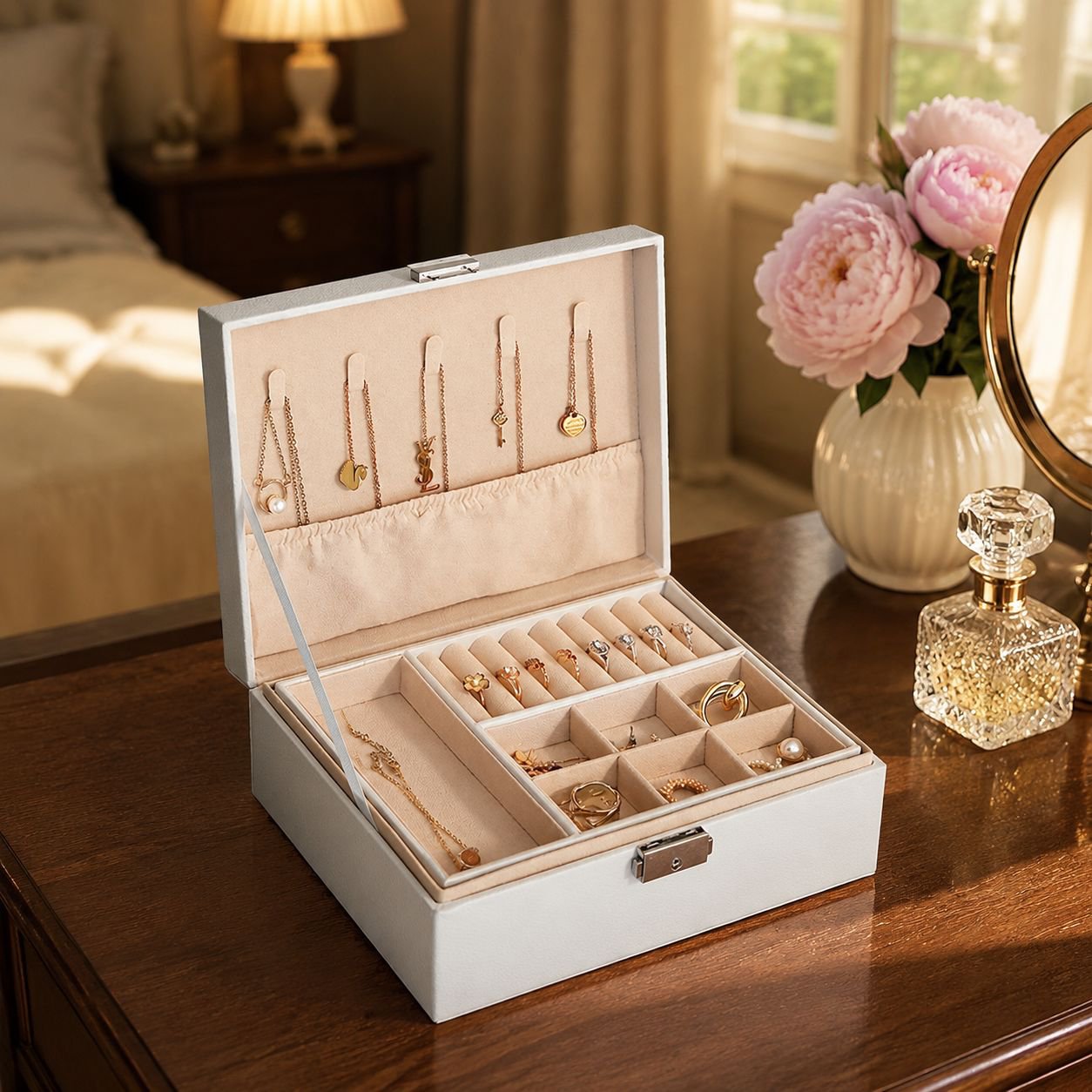 Double-layer Large Capacity Leather Jewelry Storage Box with Lock for Earrings and Rings