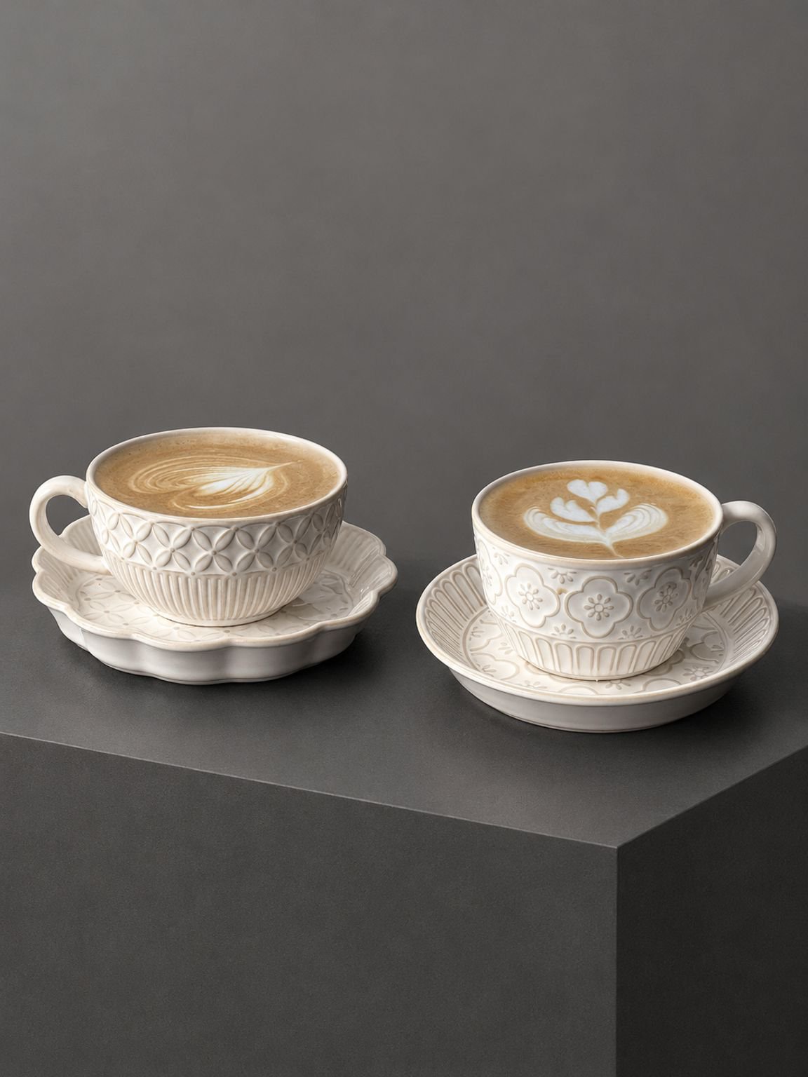 French-style embossed coffee cup and saucer set